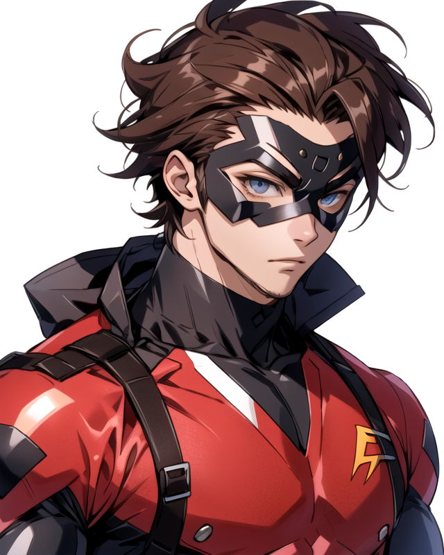 00012-2910543428-man, short brown hair, (DominoMask_1.2), red and black costume, hero, brown eyes, detailed eyes, white backdrop,  _lora_SN Domin.png